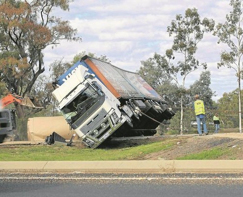 The truck which rolled over near Goondiwindi is righted.